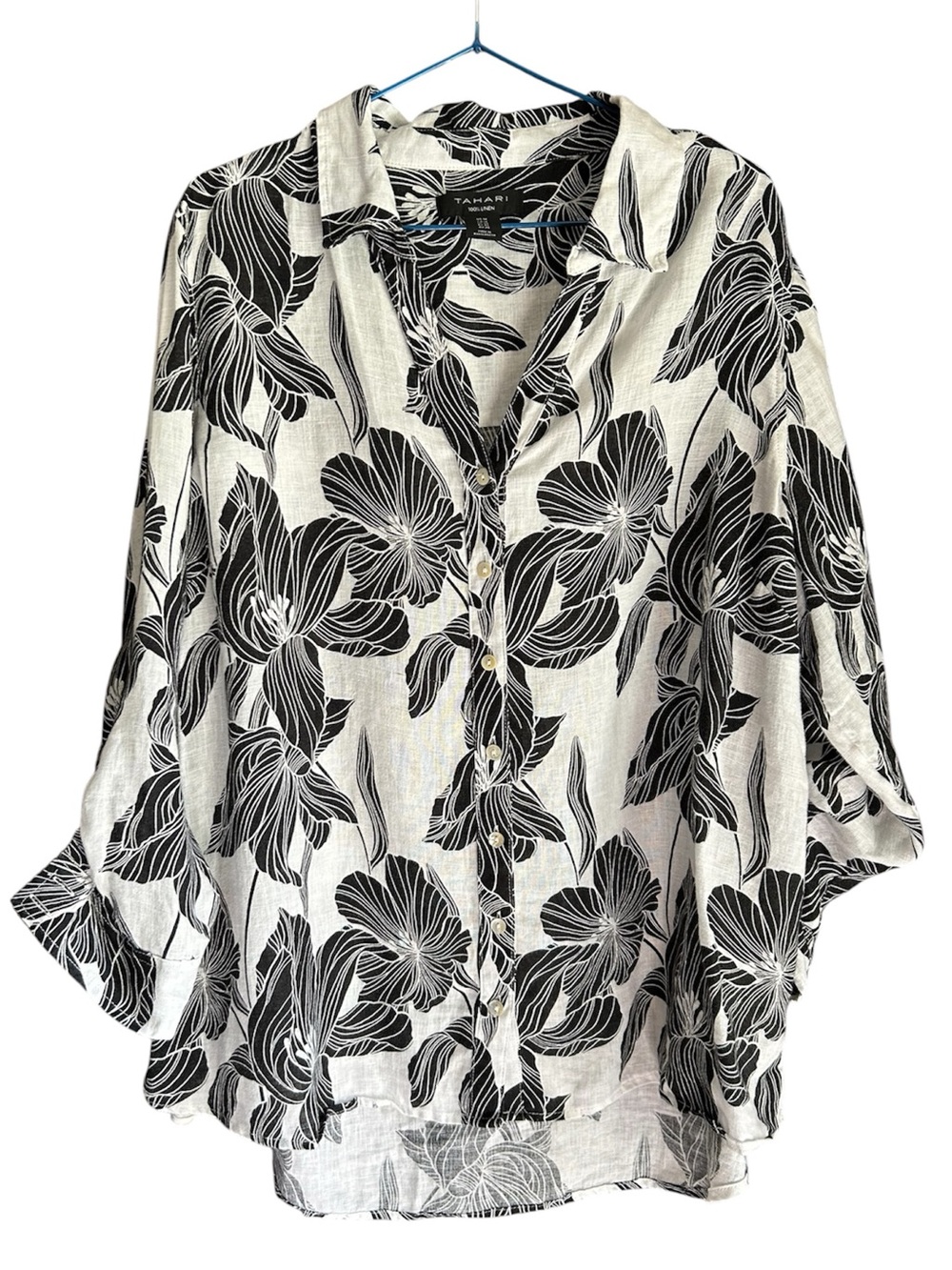 Tahari Black & White Floral Linen Button-Down Shirt